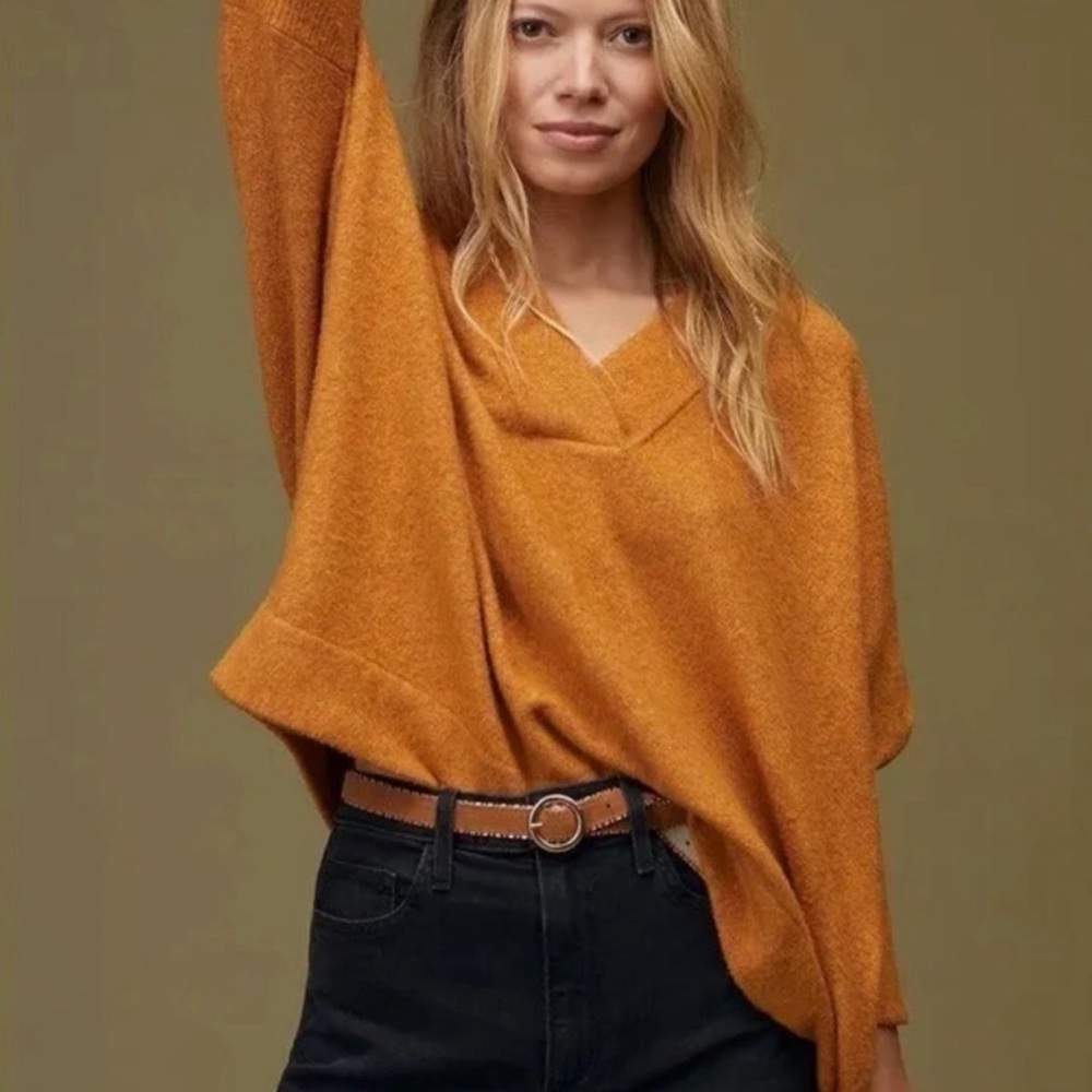 Anthropologie Sweater V-Neck Dolman Sleeve Oversize Marigold Orange Women XS